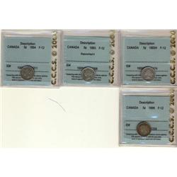 Lot of 4 CCCS F-12 graded Five Cents; 1882H,