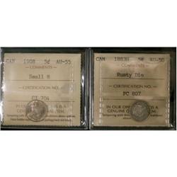 1883H and 1908 5¢. Lot of 2 coins both certif