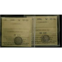 Lot of 2 ICCS graded 5¢, 1888 VF-20,1894 VF-3