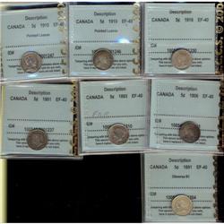 lot of 7 CCCS EF-40 graded Five Cents; 1891 O