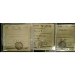 Lot of 3 ICCS graded AU-55 Five Cents; 1898,