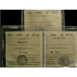 Lot of 3 ICCS graded 5¢; 1898 VF-20, 1899 VF-