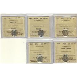 Lot of 5 ICCS graded EF-45 Five Cents; 1901,