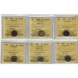Lot of 6 ICCS graded MS-60 Five Cents; 1902,