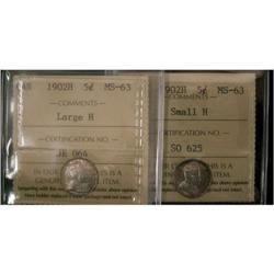 1902 Sm.H and Lg.H 5¢, both ICCS graded MS-63