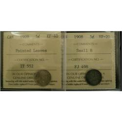 Lot of 2 ICCS graded 5¢; 1908 small 8 VF-20,