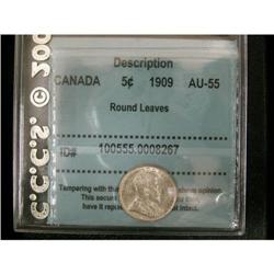 5 Cents 1909, graded CCCS AU-50; Round Leaves