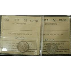 Lot of 2 ICCS grded 5¢;1912 AU-58 (2).
