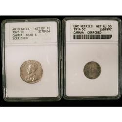 1914 5¢ ANACS AU-55 Corroded, 1926 Near6 5¢ A