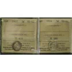 1914 and 1917 5¢, both ICCS graded MS-62