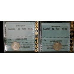 1914 and 1920 5¢ CCCS MS62.  Lot of 2 coins b