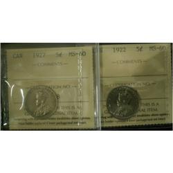 1922 and 1927 5¢, both ICCS MS-60