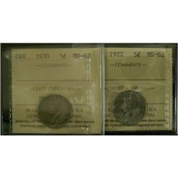 1922 and 1930 5¢, both ICCS graded MS-62