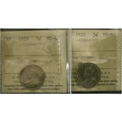 1922 and 1928 5¢, both ICCS graded MS-62