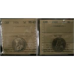 1922 5¢ ICCS MS62 and 1924 5¢ 5¢ ICCS MS63. L