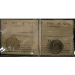1922 and 1938 5¢. Lot of two coins, both ICCS