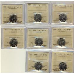 Lot of 8 5¢ coins all ICCS AU50. Includes 192