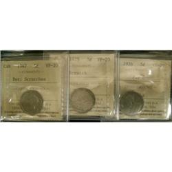 Lot of 3  ICCS Five Cents; 1925 VF-20 scrts,