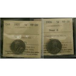 Lot of 2 ICCS graded 5¢; 1925 VF-20, 1926 nea