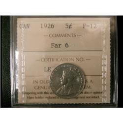 1926 Far 6 5¢ ICCS F-12, scarce variety