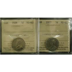 Lot of 2 ICCS grded 5¢ ; 1927 MS-62, 1928 MS-