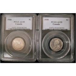 Lot of 2 PCGS graded 5¢; 1928 AU-55, 1930 AU-