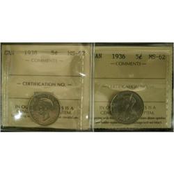 Lot of 2 ICCS graded 5¢, 1936, 1938,  All MS-