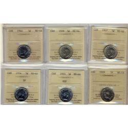 Lot of 6 ICCS graded 5¢;  1937, 1939, 1944, 1