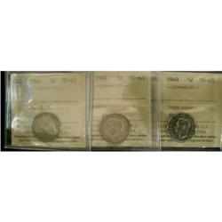 Lot of 3 ICCS graded MS-63 Five Cents; 1940,