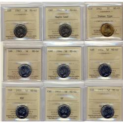 Lot of 9 ICCS graded 5¢;  1942 Tombac, 1947 M