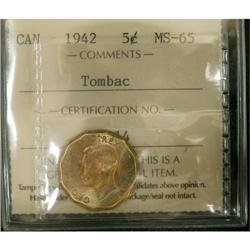 1942 Tombac 5¢ ICCS MS65 Brilliant with full
