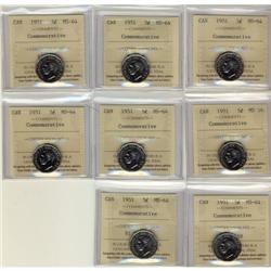 1951 5¢ ICCS MS64.  Lot of 8 coins all brilli