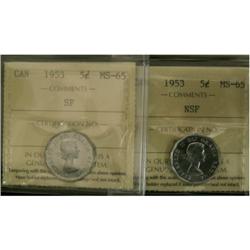 Lot of 2 ICCS graded 5¢; 1953 NSF, 1953 SF. A
