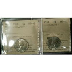 1958 and 1961 5¢ ICCS MS65.  Lot of two coins