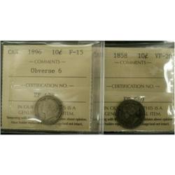 Lot of 2 ICCS graded 10¢, 1858 VF-20,1896 obv