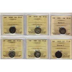 Lot of 6 ICCS graded VF-20 Ten cents; 1870 Na