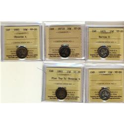 Lot of 5 10¢ coins all ICCS VF20. Includes 18