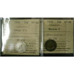 1870 Narrow O and 1899 Lg. 9's  10¢, both coi