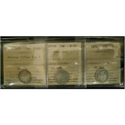 Lot of 3 ICCS graded F-15 Ten Cents; 1871, 18