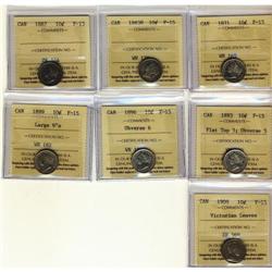 Lot of 7 10¢ coins all ICCS F15.  Includes 18