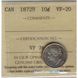 1872H 10¢ ICCS VF-20, brilliant with some lus