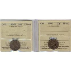1874H and 1900 10¢. Lot of 2 coins both ICCS