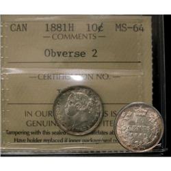 1881H Obv#2 10¢  ICCS MS-64, Touch of  toning