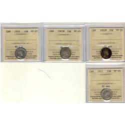 1902H, 1903H, 1910, 1911 10¢, all four coins