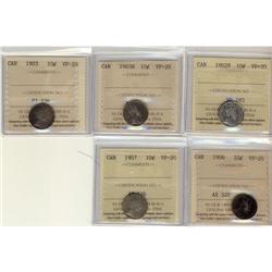 Lot of 5 10¢ coins all ICCS VF20. Includes 19