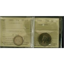 1903 10¢ ICCS EF40 and 1935 25¢ ICCS EF45, tw