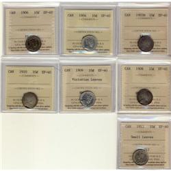 Lot of 7 10¢ coins all ICCS EF40.  Includes 1