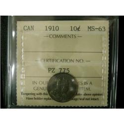 1910 10¢ ICCS MS-63, nicely toned