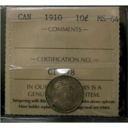 1910 10¢ ICCS MS64 PQ+.Attractive toning over