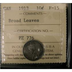 1913 Broad Leaves 10¢ ICCS F-15, a nice and p